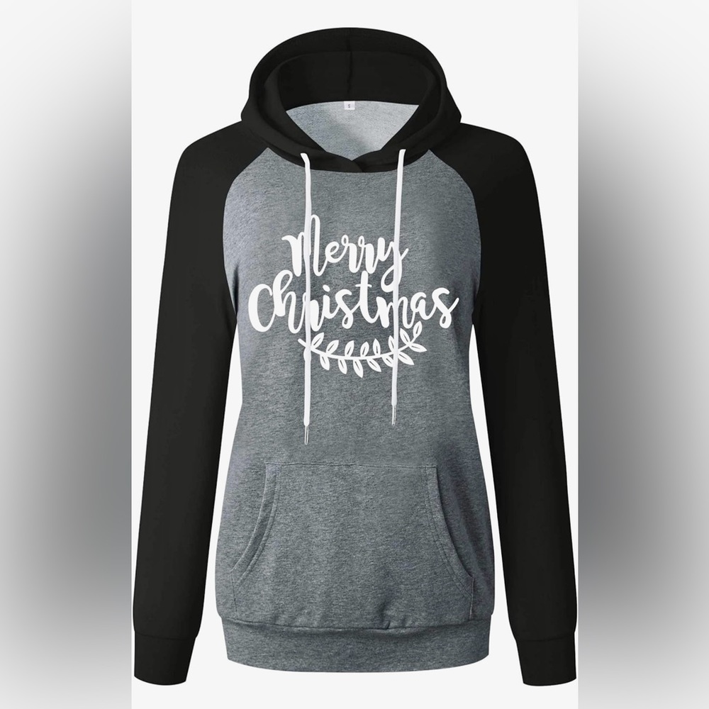 ANTSZONE Womens Christmas Holiday Raglan Hoodie Sweatshirt~Long Sleeve~New